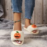 Halloween Cute Pumpkin Plush Slippers Home Indoor Open Toe Shoes Winter Warm Bedroom Slippers For Women