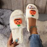 Halloween Cute Pumpkin Plush Slippers Home Indoor Open Toe Shoes Winter Warm Bedroom Slippers For Women