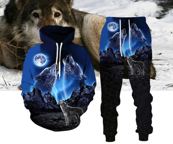 Digital Wolf Pattern Hoodie Sweater Pants Suit For Men And Women